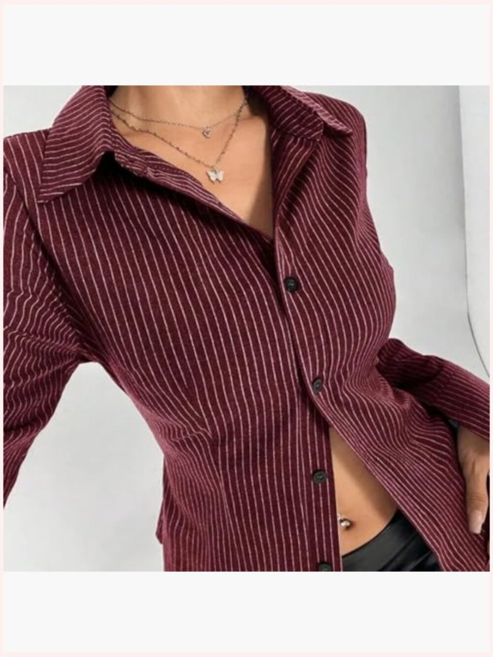 Striped Long Sleeve Button Down Shirt Fitted Collared Blouse Office Work Top - Picture 5 of 7